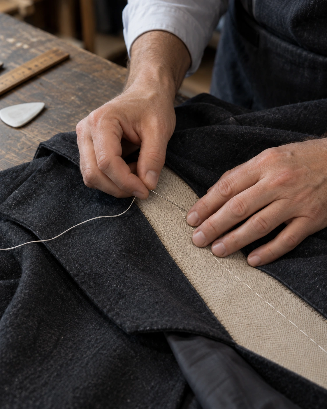 A tailor hand-basting the internal canvas of a bespoke overcoat