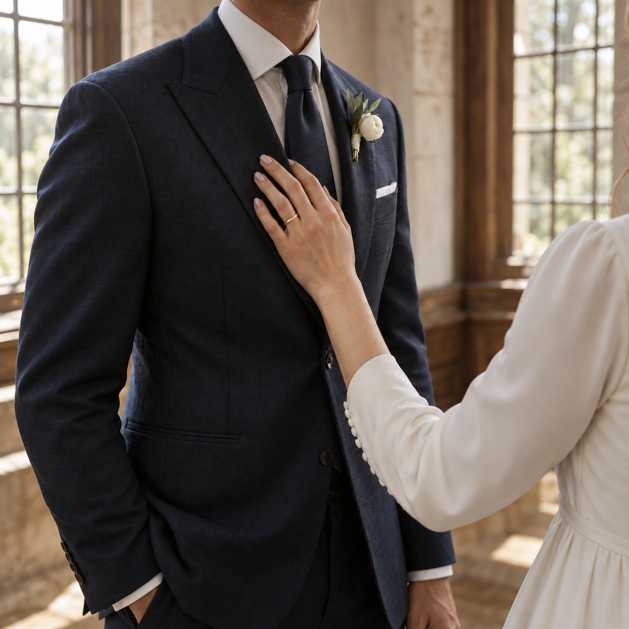 A bride rests her hand on the lapel of a groom's navy wedding suit beside an ivory boutonnière
