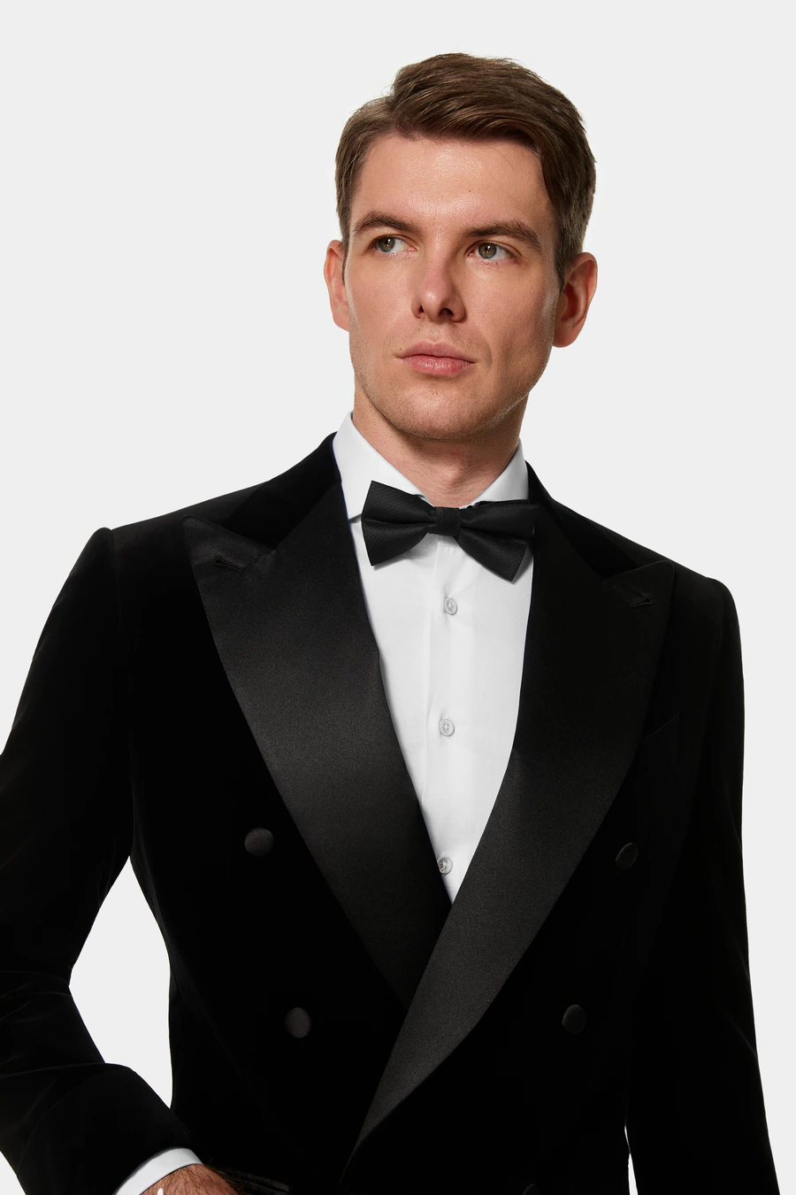 Black tuxedo with satin lapels and a bow tie