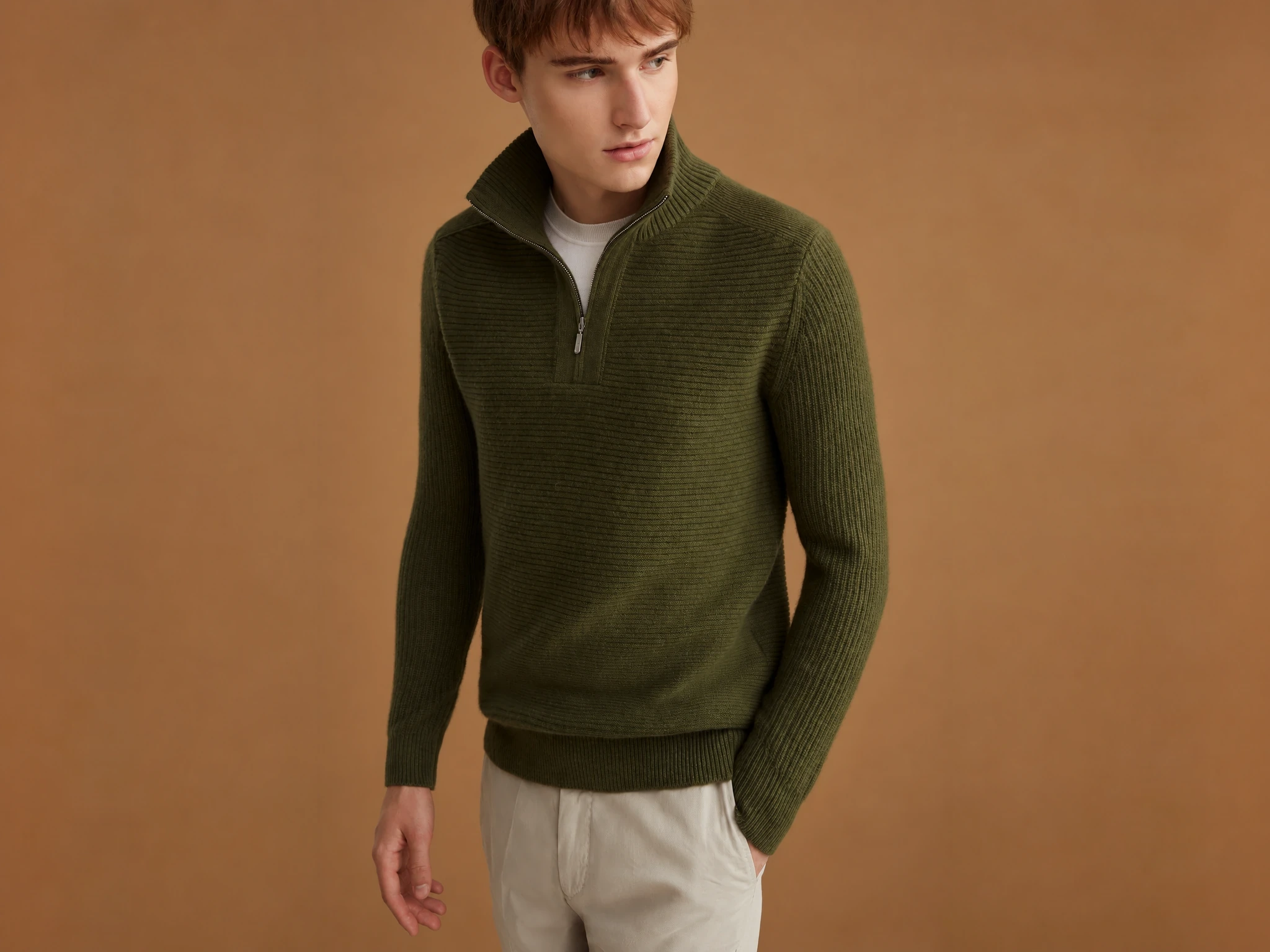 Chocolate-brown bespoke quarter-zip knit