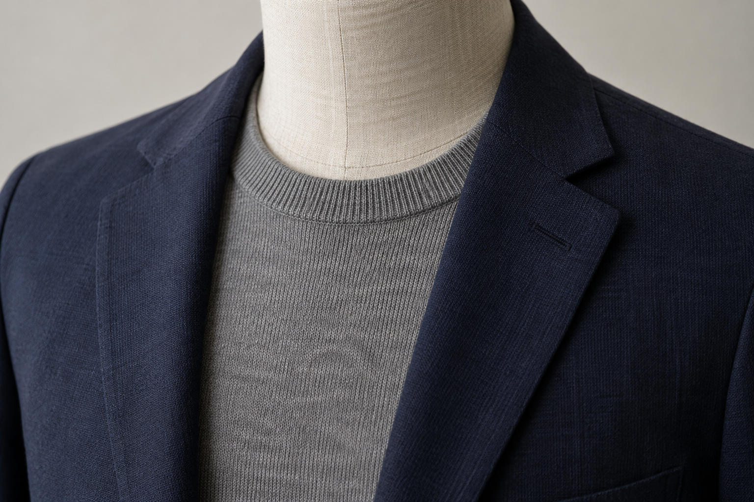 Grey crew-neck knit beneath the notch lapels of an open navy jacket