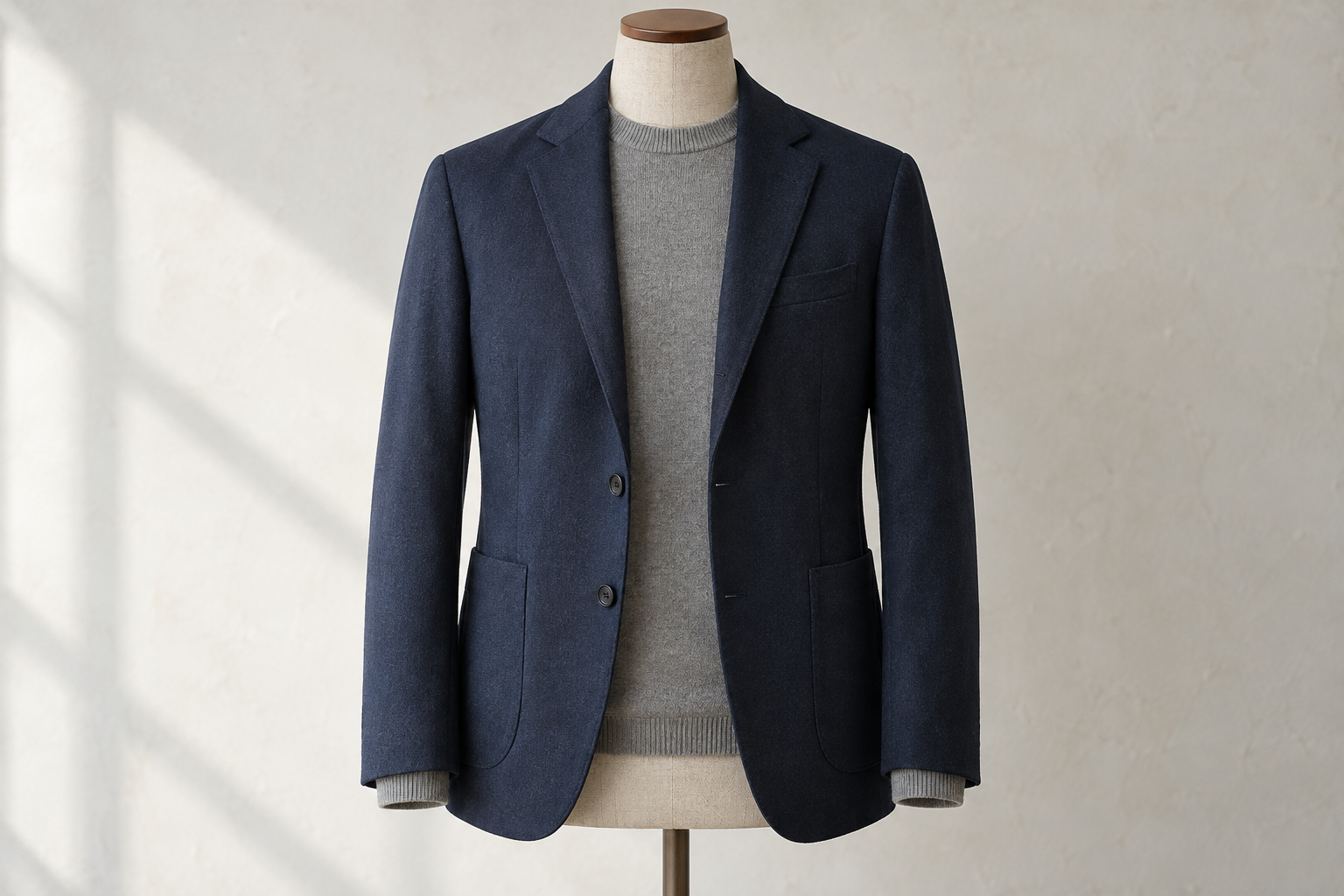 Open navy sport coat over a grey crew-neck sweater on a headless dress form