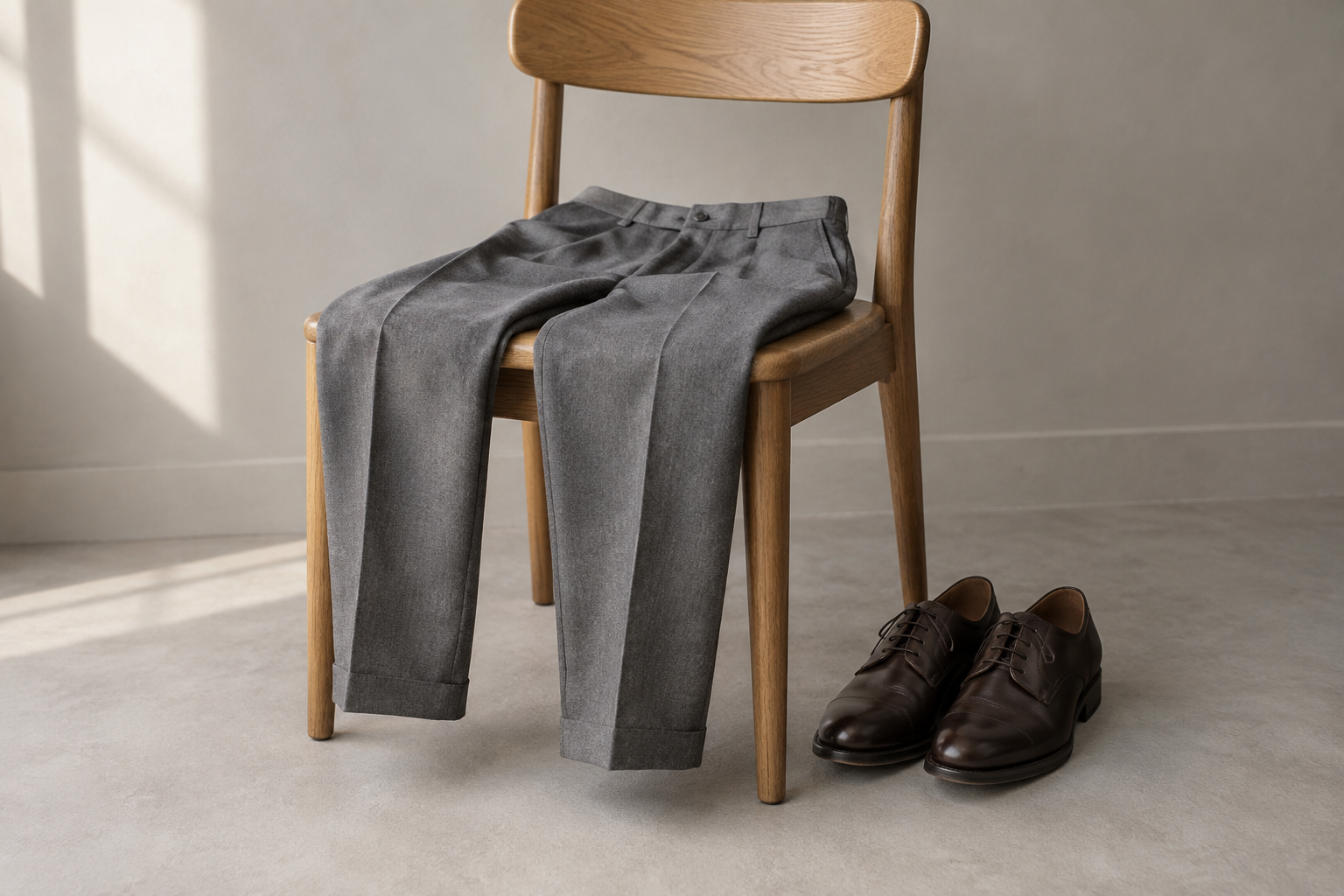 Mid-grey trousers draped over an oak chair with dark brown lace-up shoes beside it