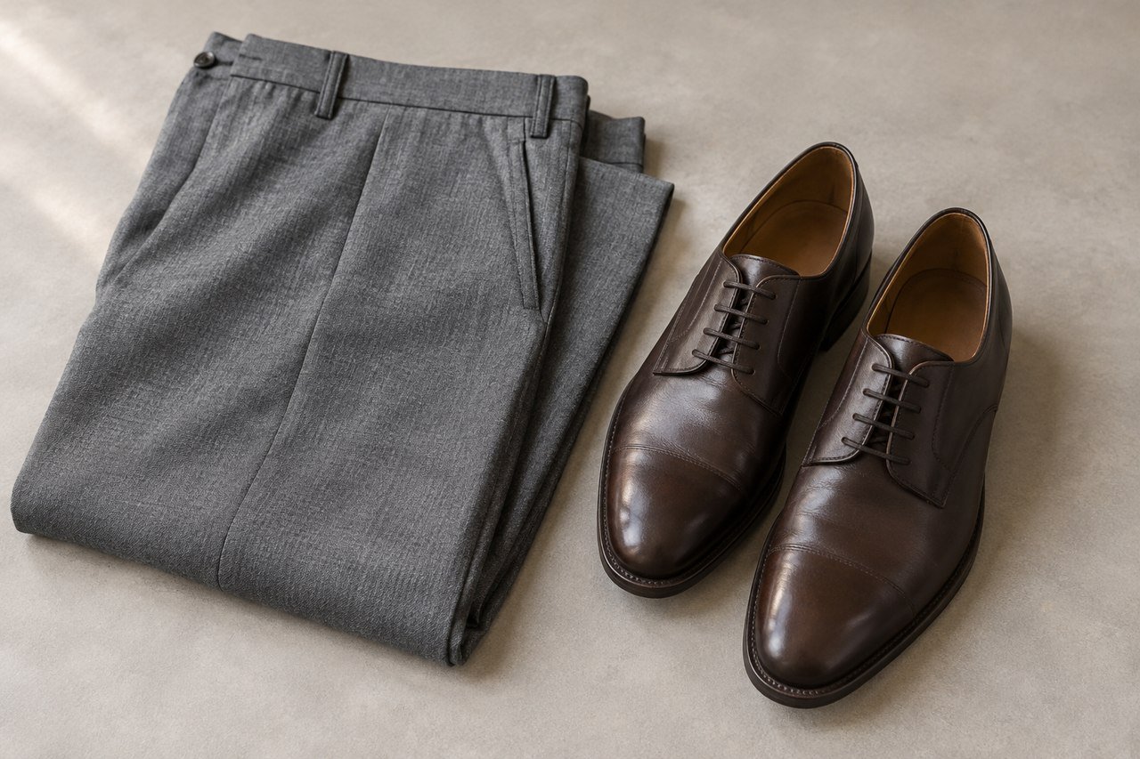 Folded grey trousers beside dark brown lace-up shoes