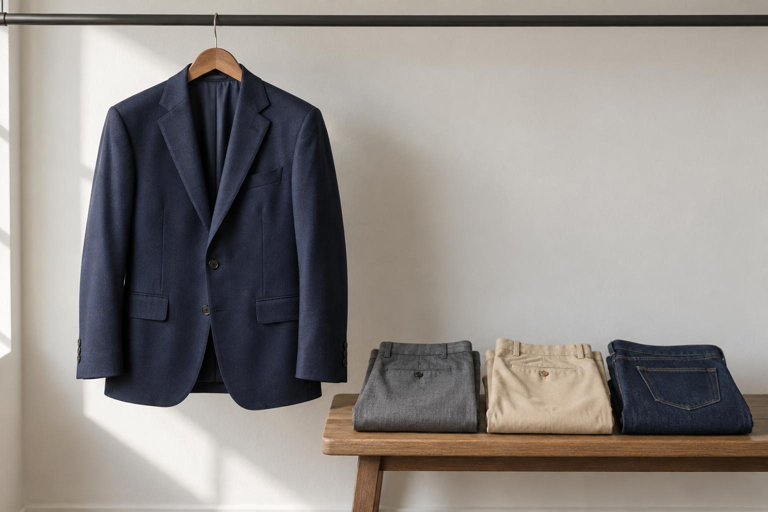 Navy jacket on a wooden hanger beside folded grey trousers, beige chinos and dark denim on a bench.