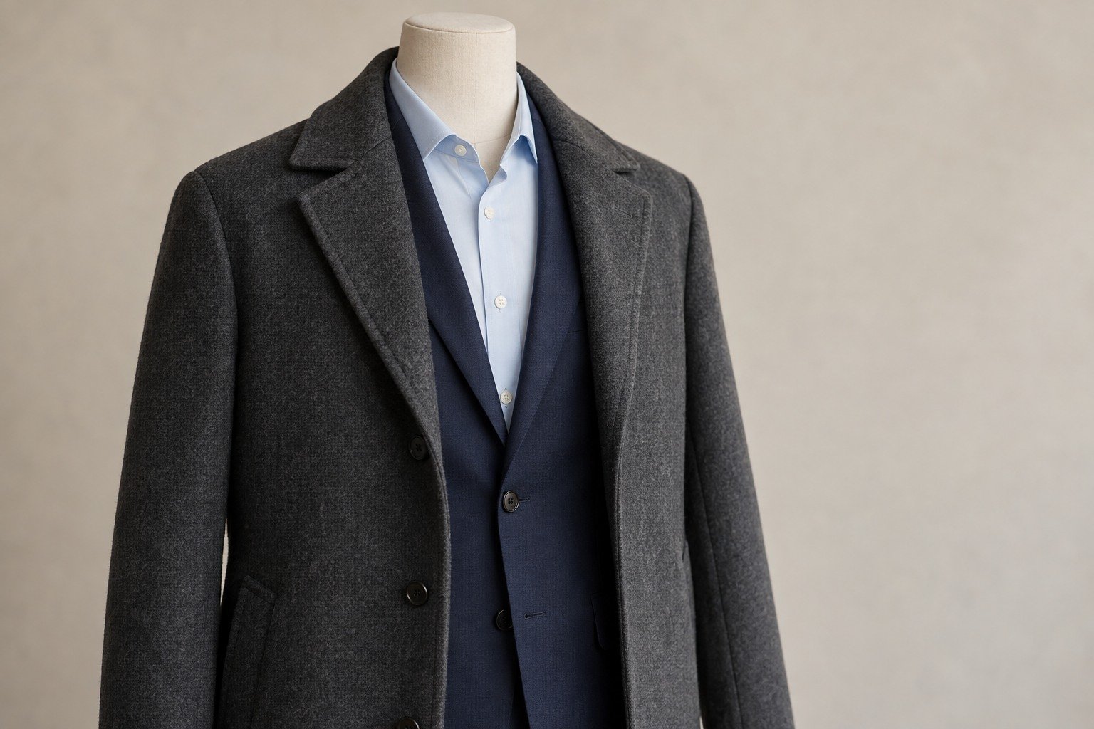 Charcoal overcoat open over a navy jacket and pale blue shirt on an unbranded cream dress form.