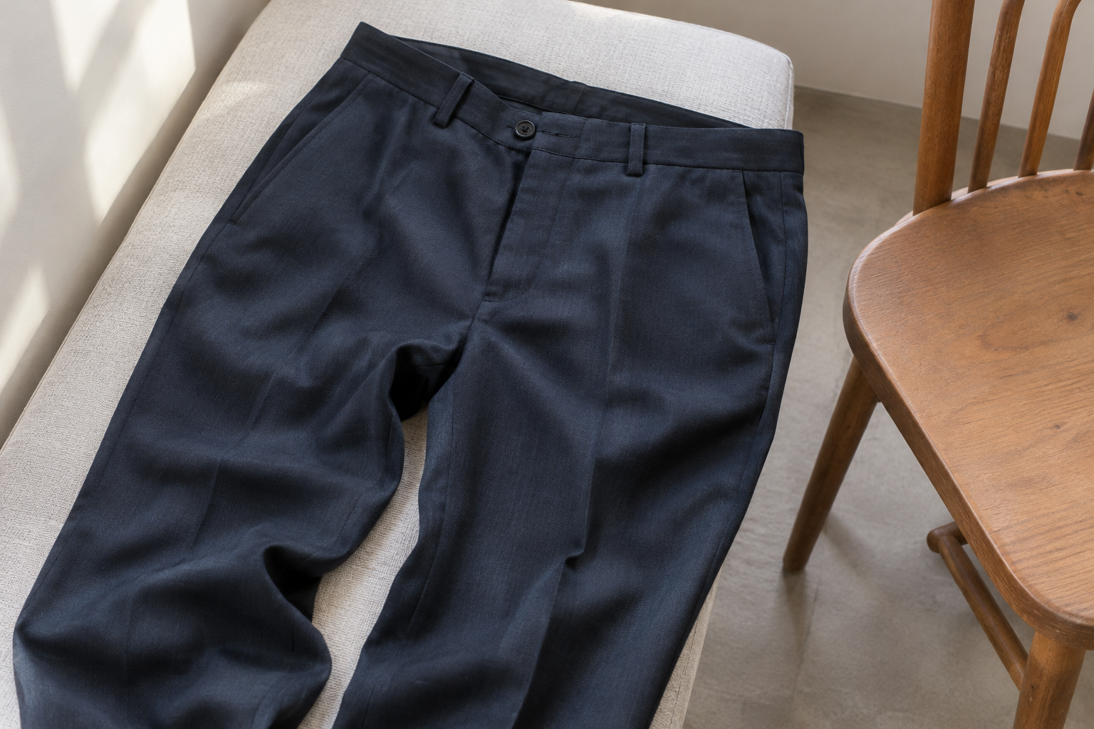 Navy trouser waistband and upper legs laid beside a simple wooden chair