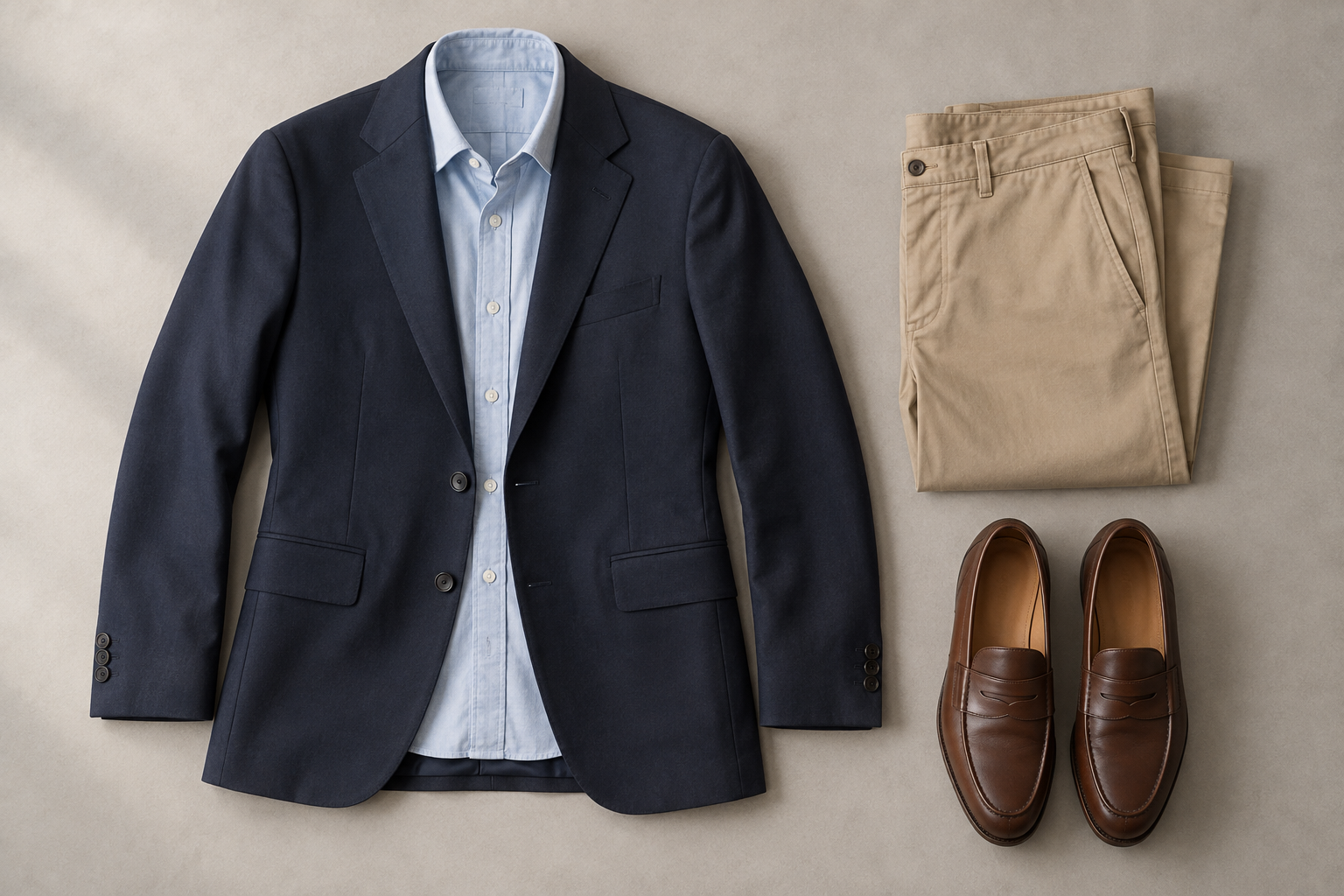 Navy jacket, pale-blue shirt, beige chinos and brown loafers arranged on a neutral surface