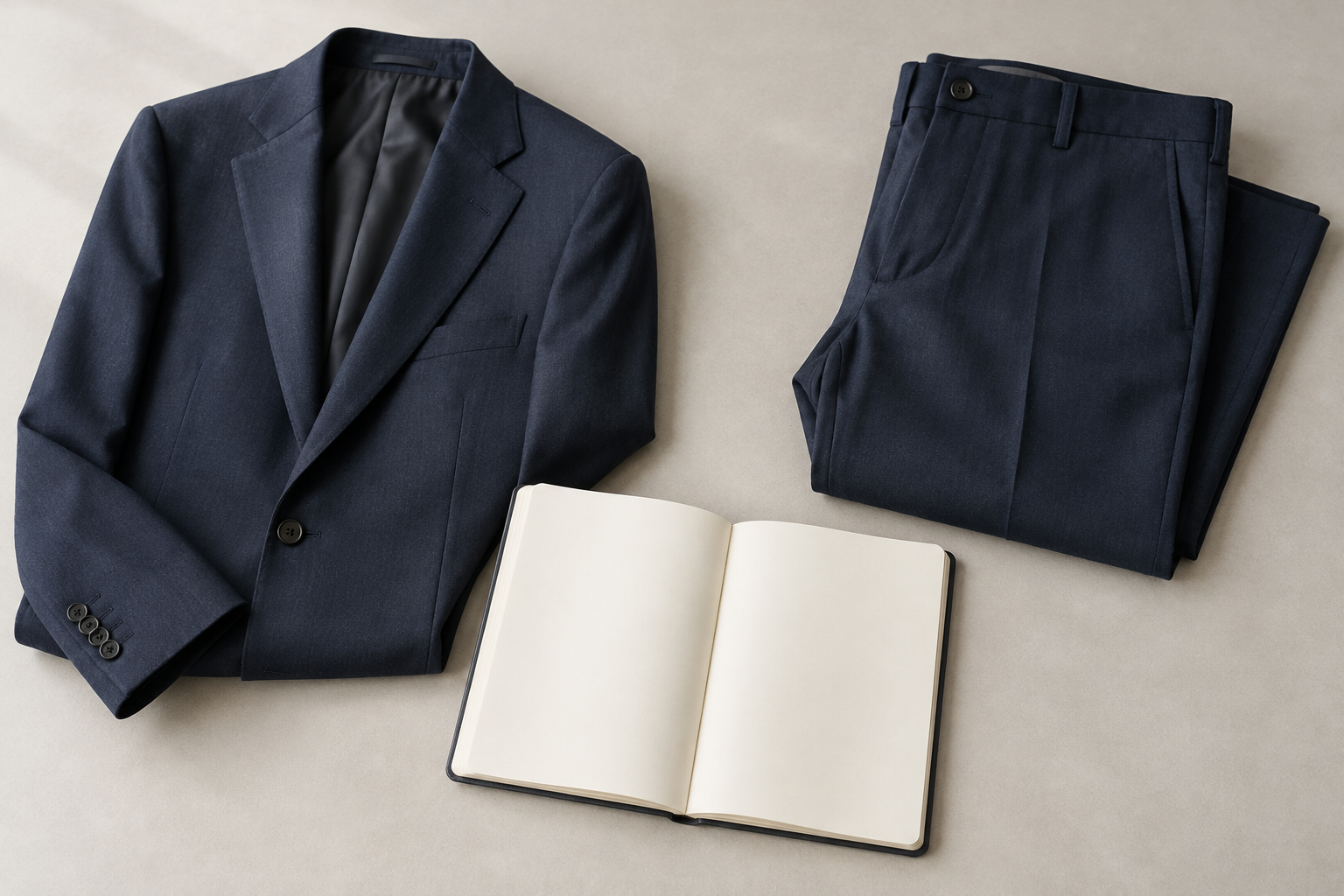 Blank notebook beside a folded navy jacket and a separate pair of matching trousers