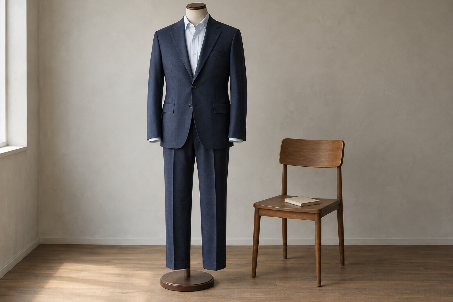 Navy suit on a headless dress form beside a wooden chair and closed notebook