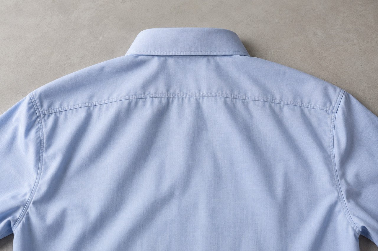 Pale-blue shirt laid face down, showing the back collar, yoke and shoulder seams
