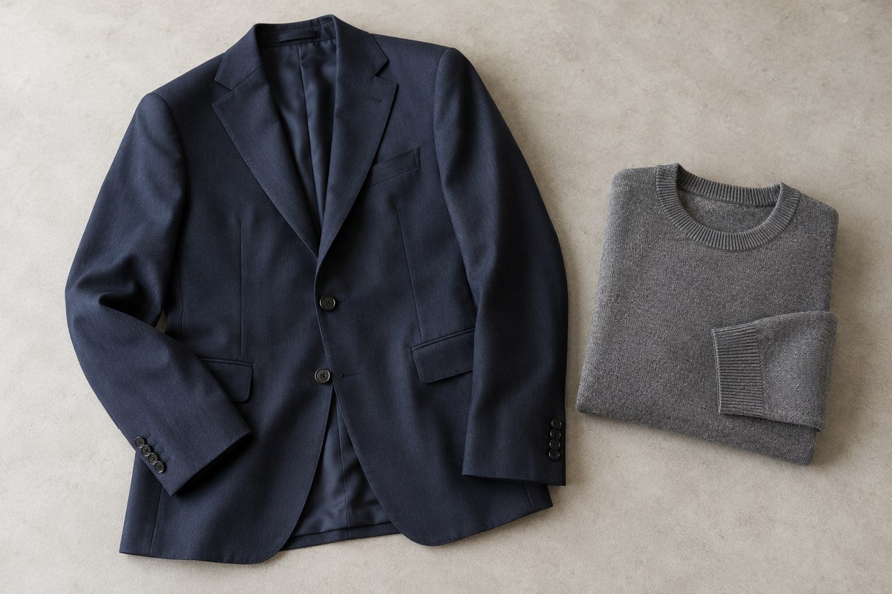 Navy jacket beside folded grey knitwear on a light surface