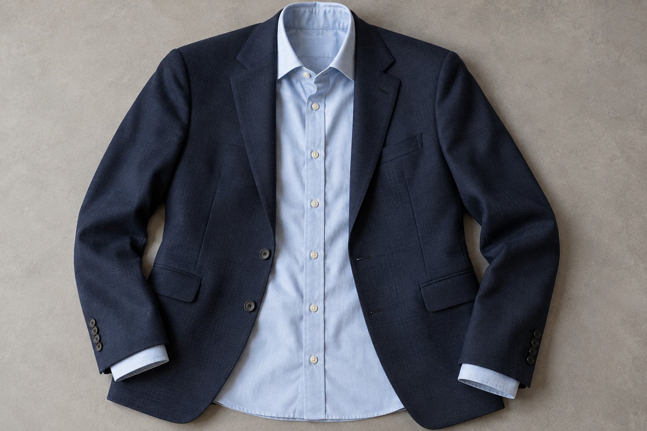Open navy jacket arranged over a pale-blue shirt on a neutral tabletop
