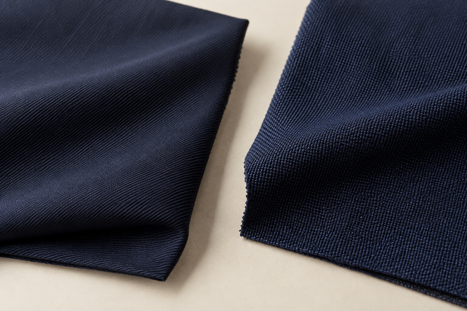 Two navy cloth swatches with smooth and more pronounced woven surfaces on a light tabletop