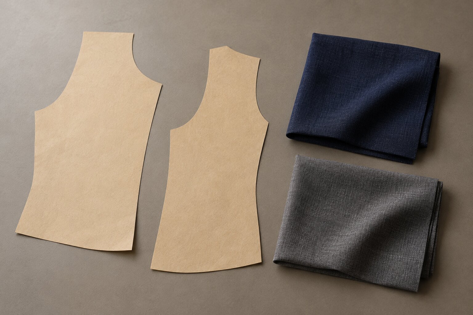 Two unmarked tan paper pattern shapes beside folded navy and grey cloth swatches on a warm-grey worktable.