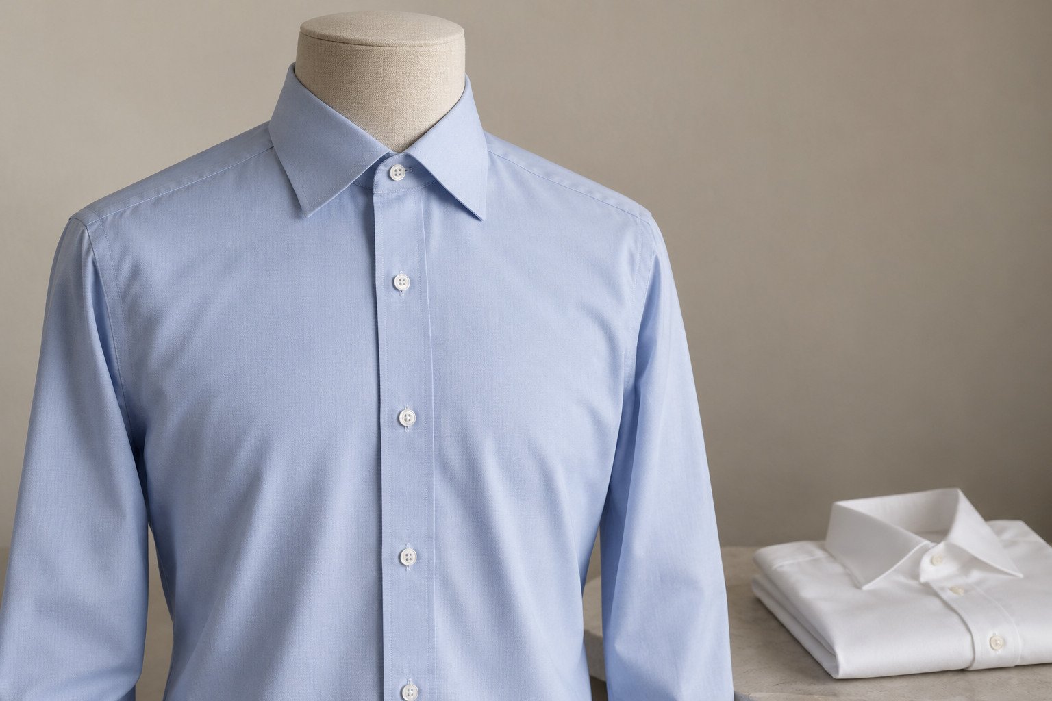 Pale-blue dress shirt on a headless linen mannequin beside a folded white shirt.