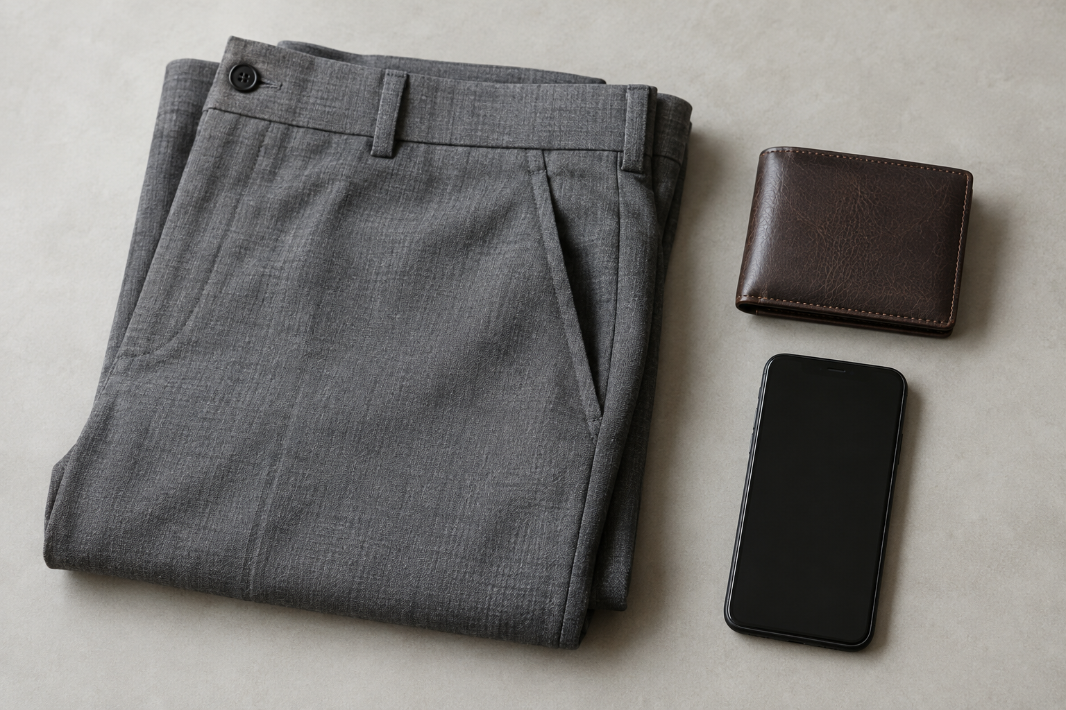 Grey trousers laid beside a closed brown wallet and an unlit phone