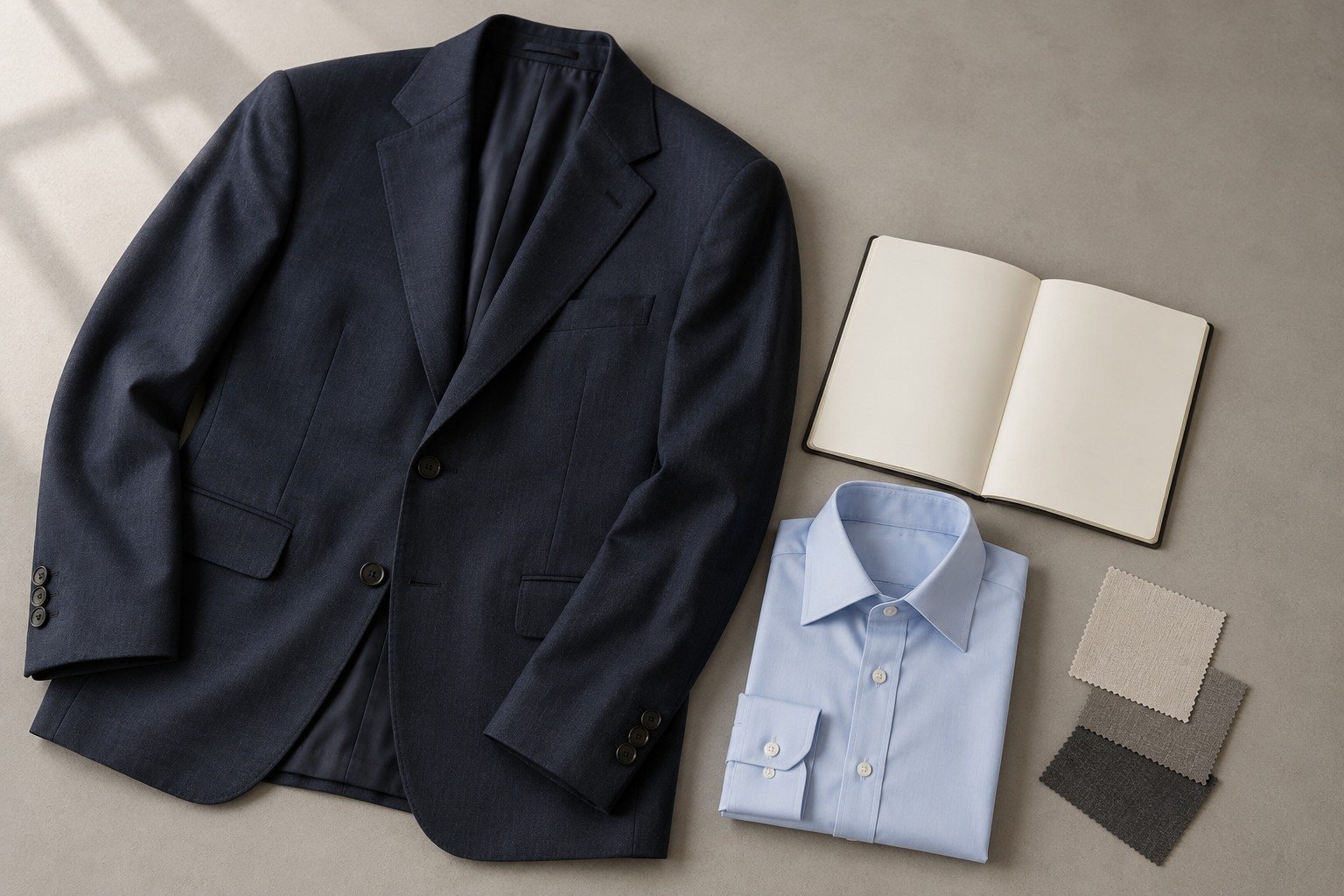 Navy notch-lapel jacket, folded pale-blue shirt, three neutral cloth   swatches and an open blank notebook on a light table.